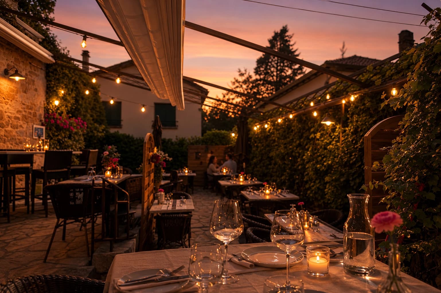 Terrasse sous pergola à l'heure dorée, tables dressées aux bougies